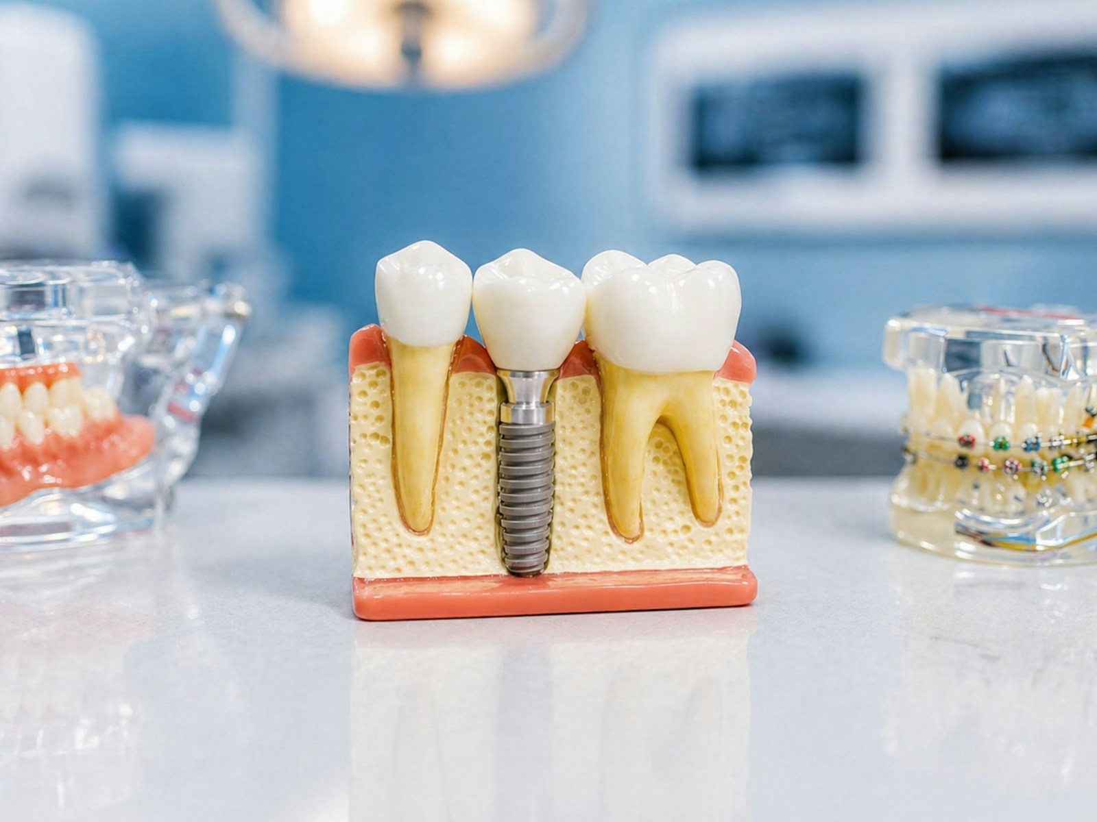 Dental implant model showing tooth, root, and jawbone.